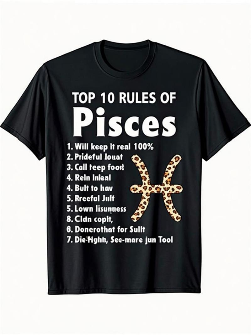 Pisces Men's T-Shirt - Funny Birthday Gift, Black Leopard Print Short Sleeve, Breathable Cotton Casual Formal Two Ways, Ideal Zodiac Gift for Pisces Season (February 19 to March 20), Casual Top