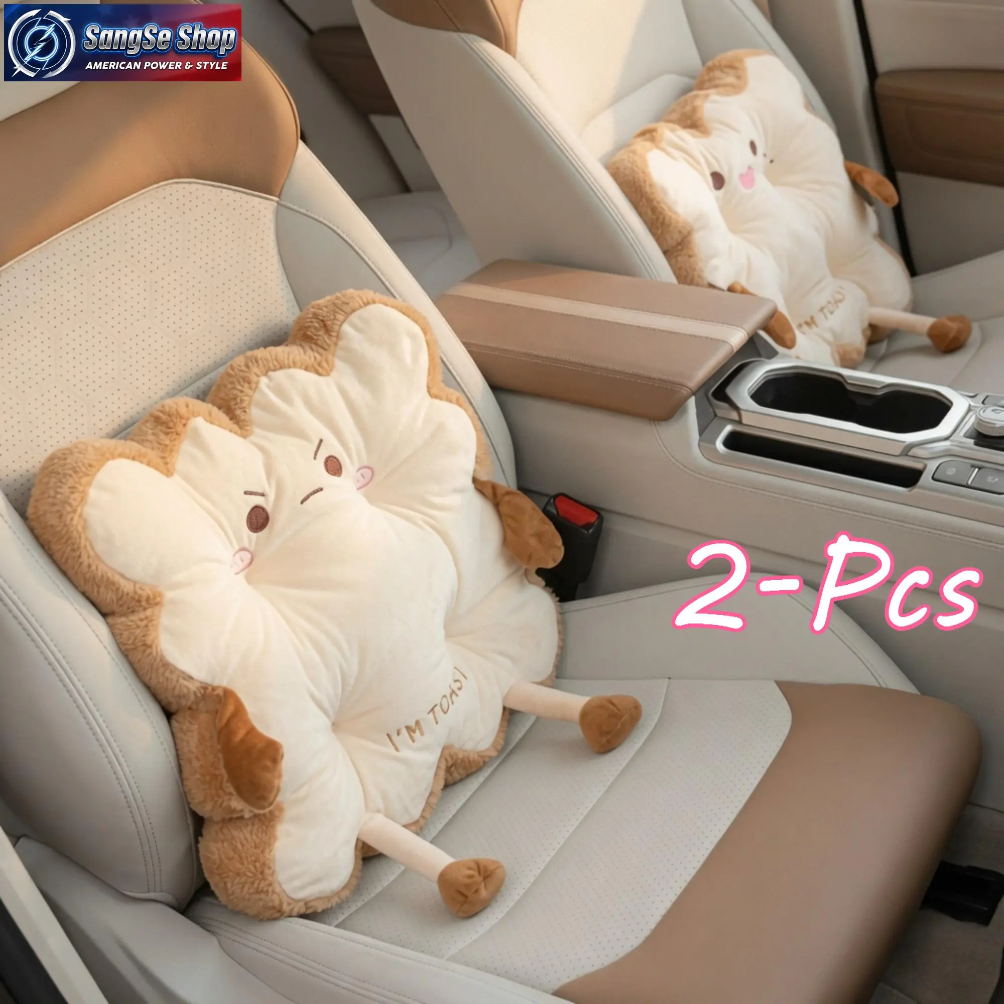 2pc Comfortable Cartoon Toast-Shaped Seat and Back Cushion, Car Seat Pad, Anti-Fatigue Washable Pillow Suitable for Various Vehicles, Car Stuff, Fun Car Accessories