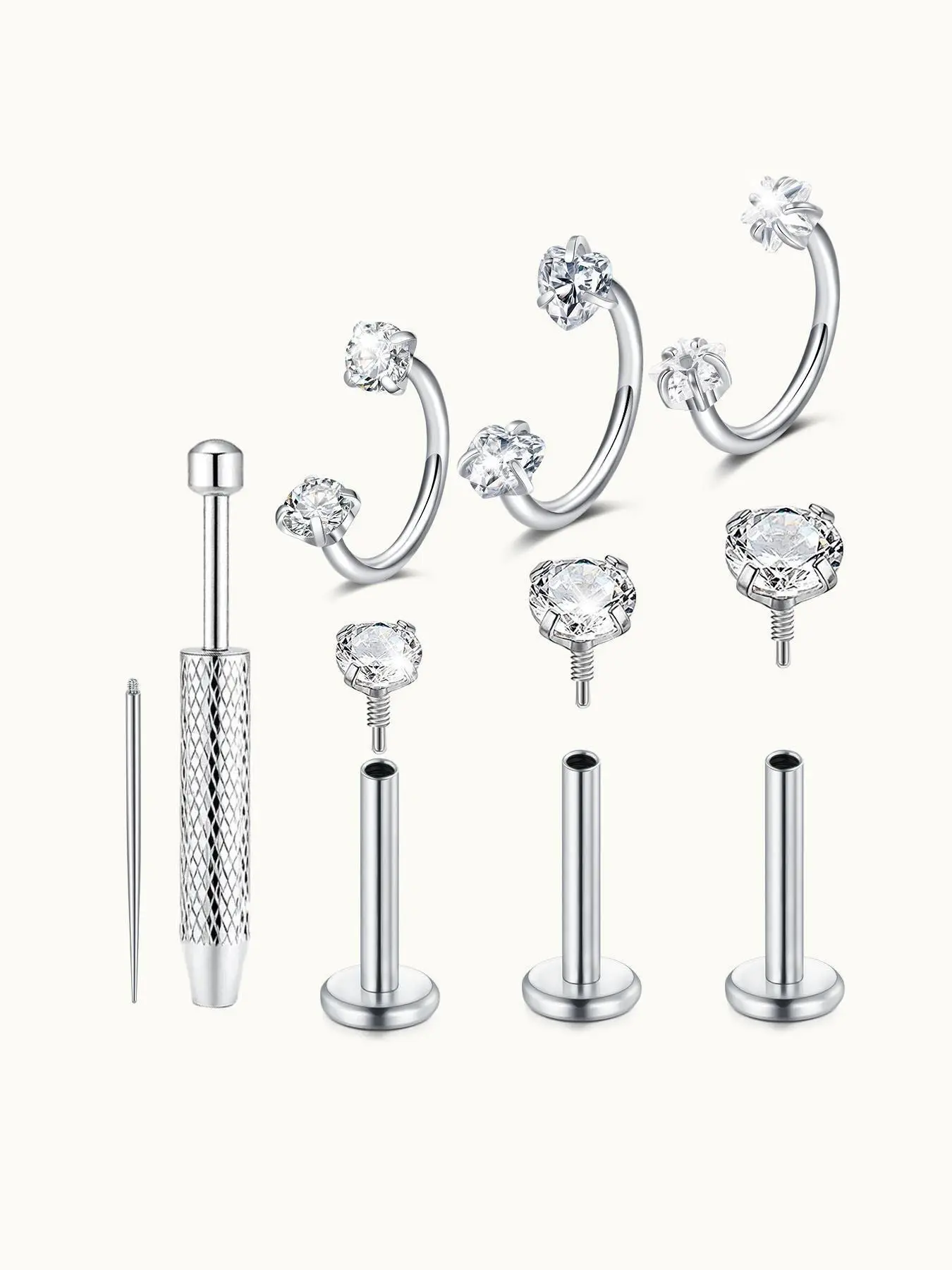 18G Stainless Steel Horseshoe Nose Ring and Flat-Back Stud Earring Set Body Jewelry for Women and Men, Hypoallergenic Surgical Steel Tragus Helix Cartilage Conch Piercing Jewelry with Piercing Ball Grabber Tool