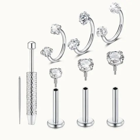 18G Stainless Steel Horseshoe Nose Ring and Flat-Back Stud Earring Set Body Jewelry for Women and Men, Hypoallergenic Surgical Steel Tragus Helix Cartilage Conch Piercing Jewelry with Piercing Ball Grabber Tool