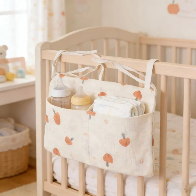 100% Cotton Hanging Storage Caddy with Double Pockets, Multi-Purpose Bedside & Stroller Organizer for Daily Personal Care Supplies