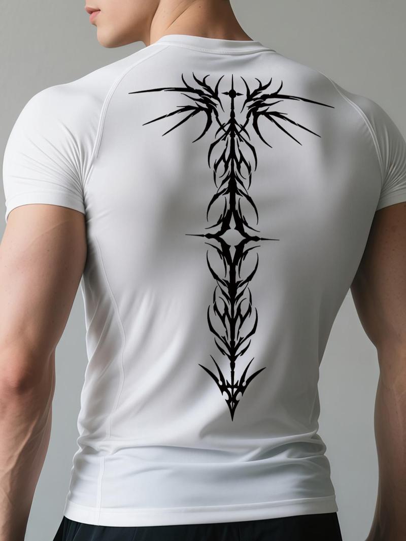 Men's Gothic Wing Print Short Sleeve Tee, Quick Drying Breathable T-shirt for Gym Workout Running, Casual Sporty Top for Summer