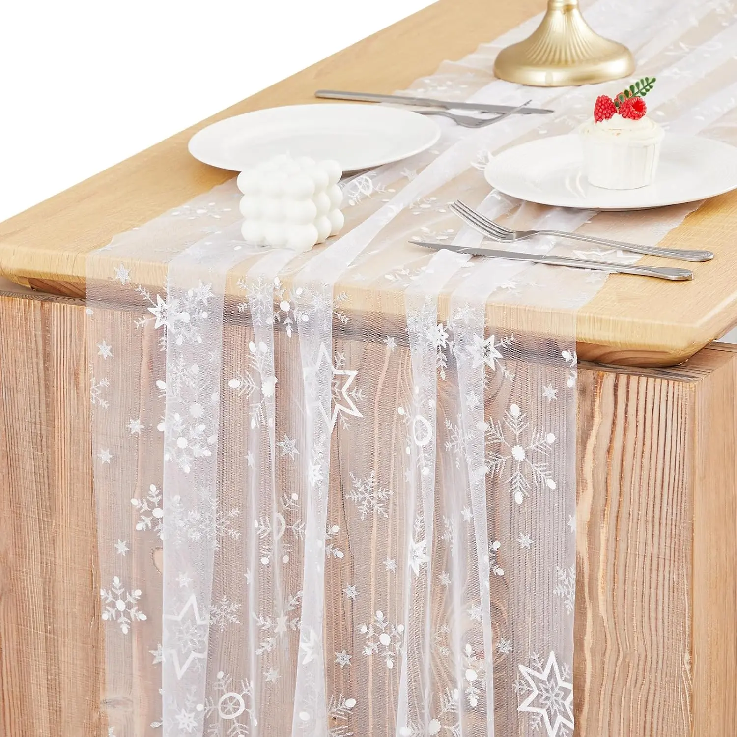 White Snowflake Table Runner 29x120 Inch | Princess Theme Birthday Party Decorations Lace Tulle Table Decor Dining Room Kitchen Holiday Wedding Anniversary Veil Decor