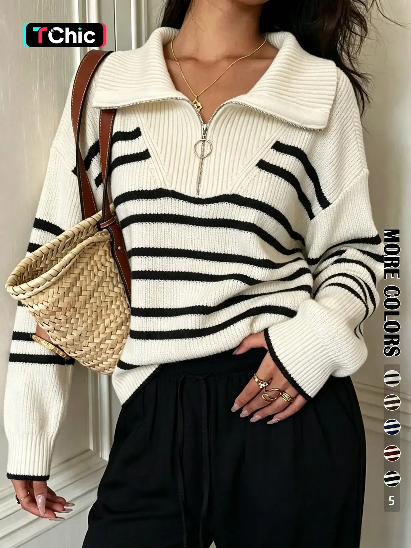 Autumn Winter New Striped Zipper Pullover, Casual Loose-Fit Turn-Down Collar, Versatile Lazy Style, Elegant Women's Sweater