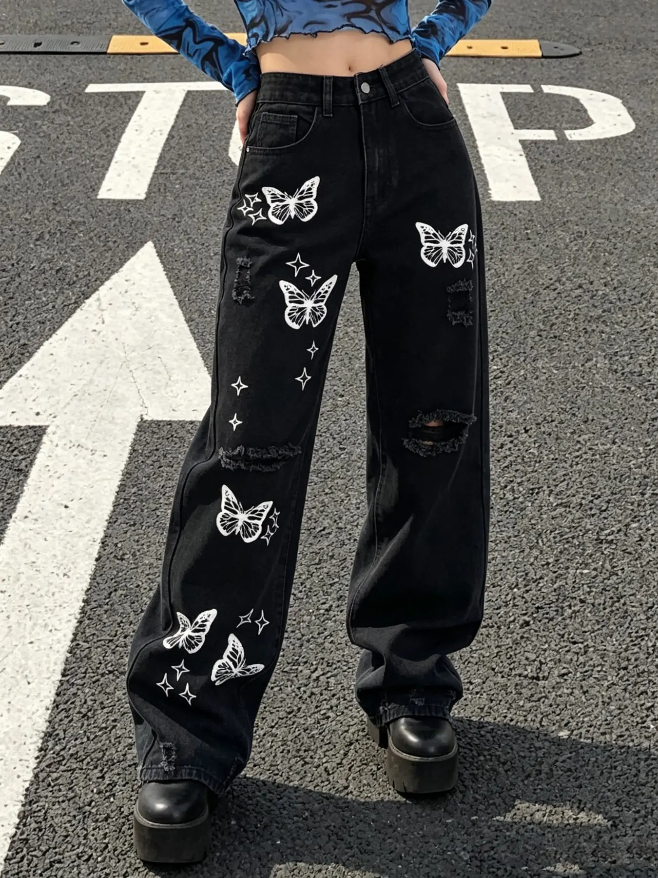 Women's Y2K Butterfly Star Print Ripped Wide Leg Jeans, High Waist Loose Fit, Streetwear, Music Festival, Daily, Bar Party Style, Everyday