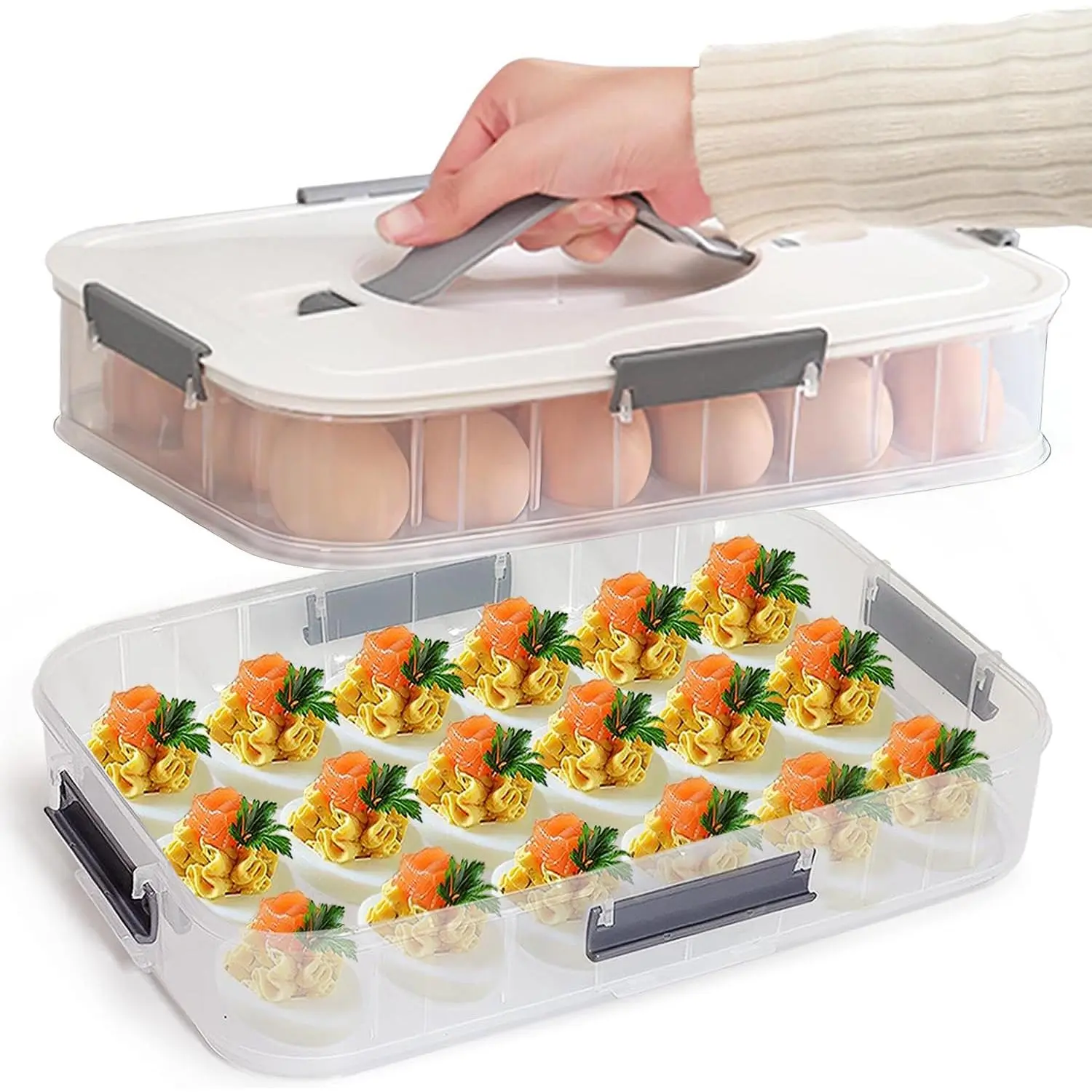 Deviled Egg Container with Lid, Double Layer Egg Container, 36 Count Deviled Egg Tray- Secure Lock & Handle, Stackable, Leak-Proof Design for Parties & Catering, White