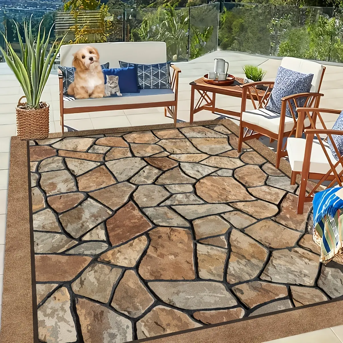 1 piece outdoor courtyard rug with artificial stone pattern, washable courtyard carpet, rectangular outdoor and garden rug, Christmas outdoor decoration, local warehouse Christmas ornament.Suitable for camping, RVs, sunrooms and living room