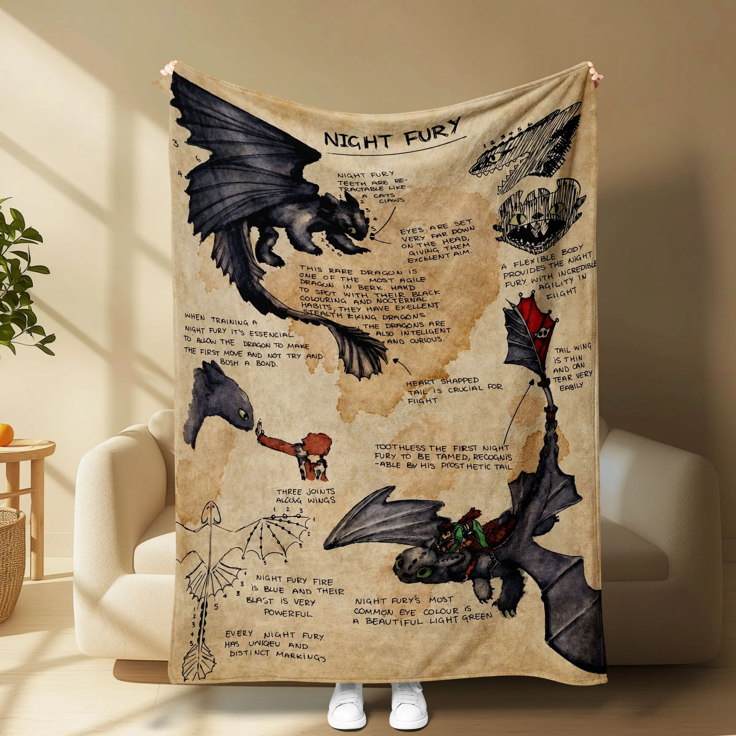 How to Train Your Dragon Toothless Vintage Sketch Throw Blanket, Soft Flannel Night Fury Pattern, Bedroom Sofa Fan Gift