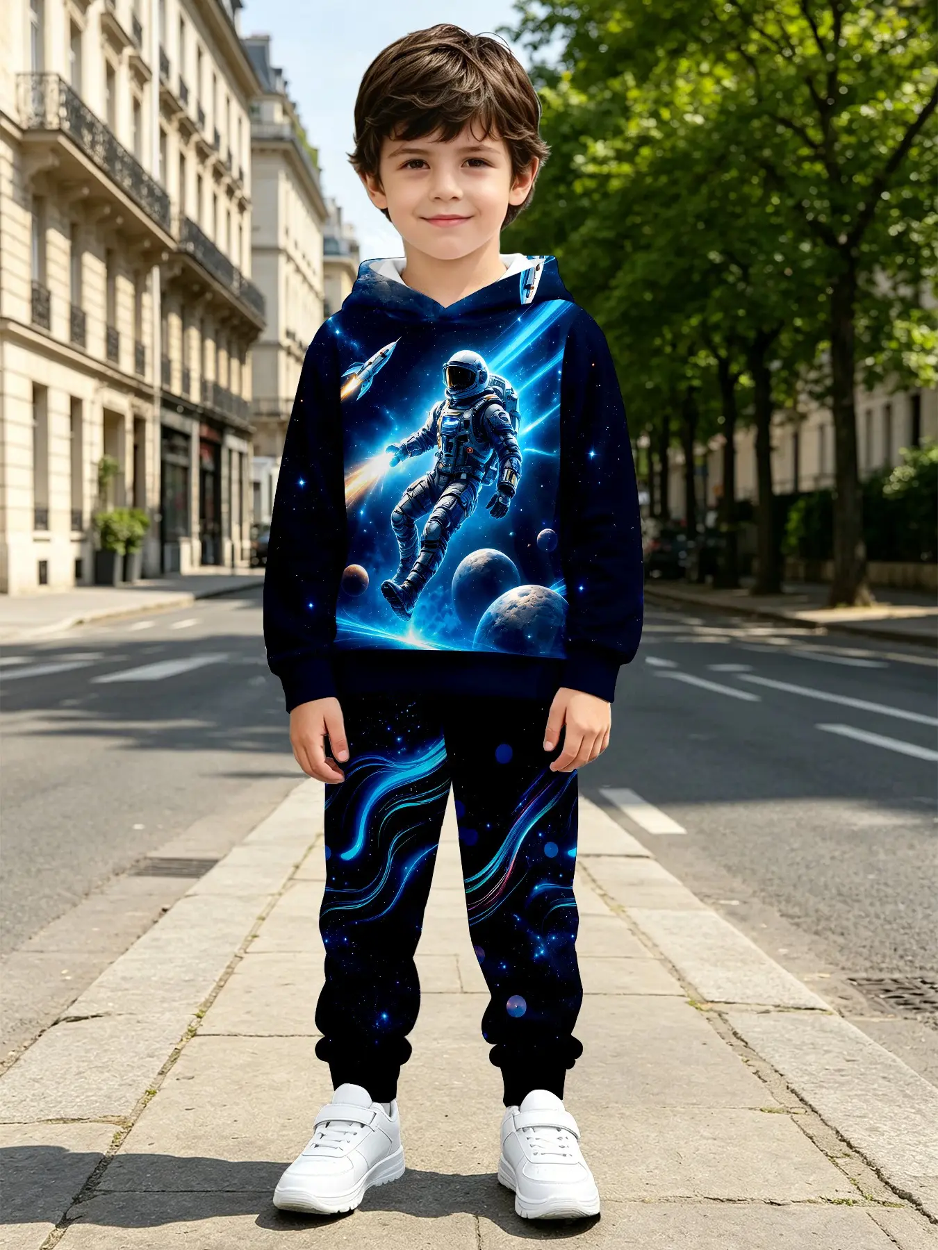 Kids Cool 3D Astronaut Galaxy Space Hooded Set, Casual Long Sleeve Sweatshirt and Pants Two-Piece, Fall & Winter Fashion
