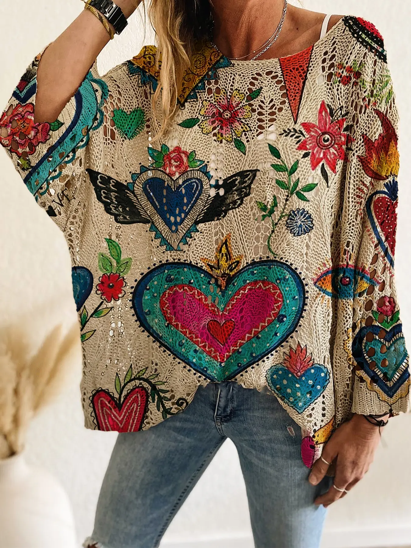 Spring Summer Women's Knit Top, One Shoulder Hollow Out Batwing Sleeve, Colorblock Heart Print Long Sleeve, Casual Elegance Commute Wear