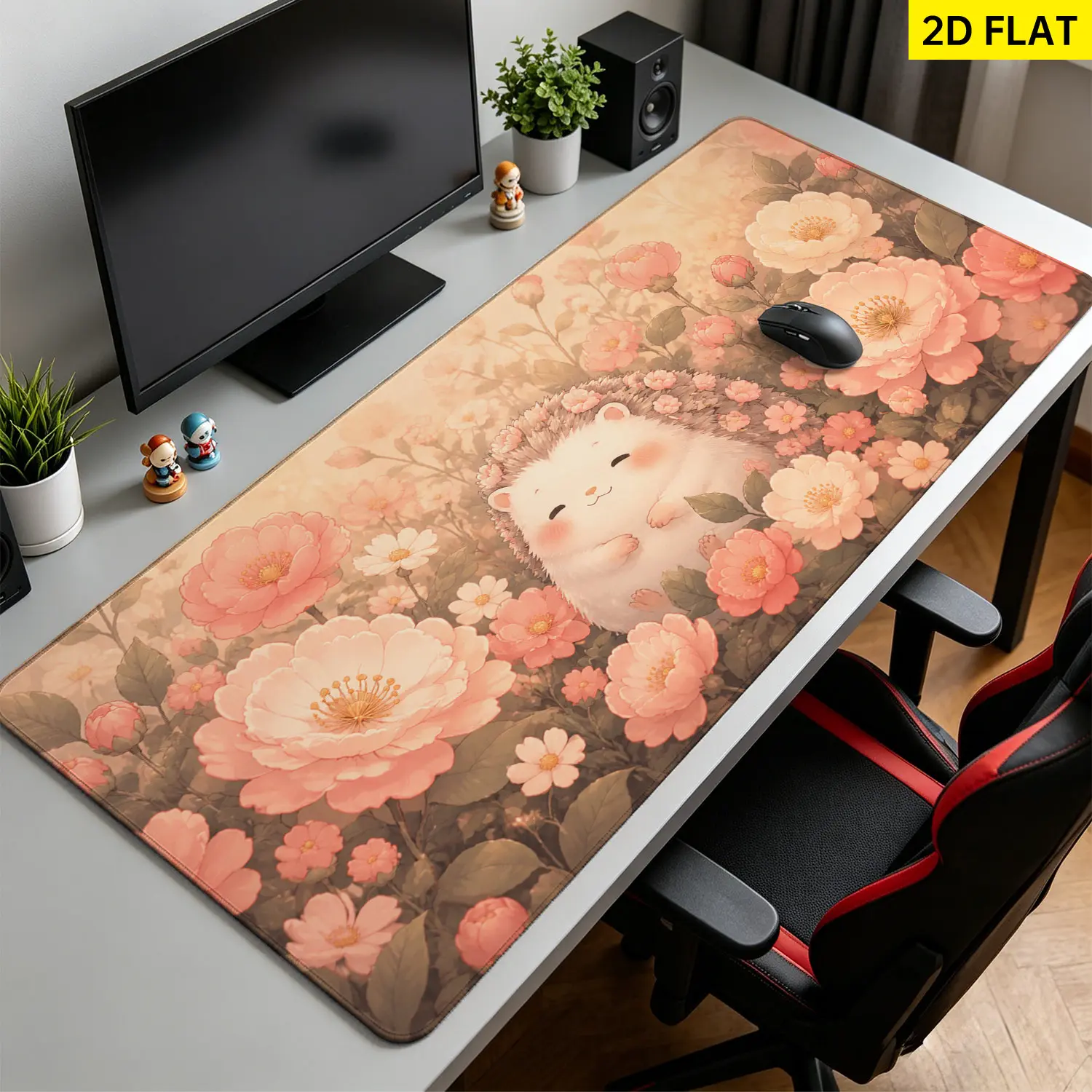 Extra Large cute hedgehog and flowers Mouse Pad,Non Slip Rubber Pad,Desktop Decoration Drotection Pad,Washable,Lock Edge Multi Size,Premium Multipurpose Mousepad For Office,Home,Gift for Family and Friends