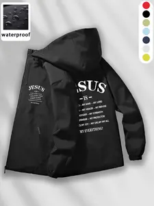 Men's Jesus Is Print Waterproof Windproof Hooded Jacket, Durable Colorfast, Breathable Fabric, Zip Pockets, Street Style, Daily Commute, Outdoor Wear