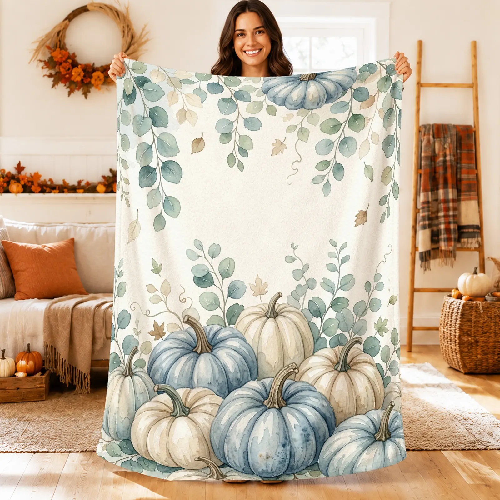 1pc Blue White Pumpkin Blanket, Rustic Farmhouse Fall Style, Large Central Pumpkin Design with Delicate Leaf Accents, for Sofa Bed Living Room and Fall Home Decor