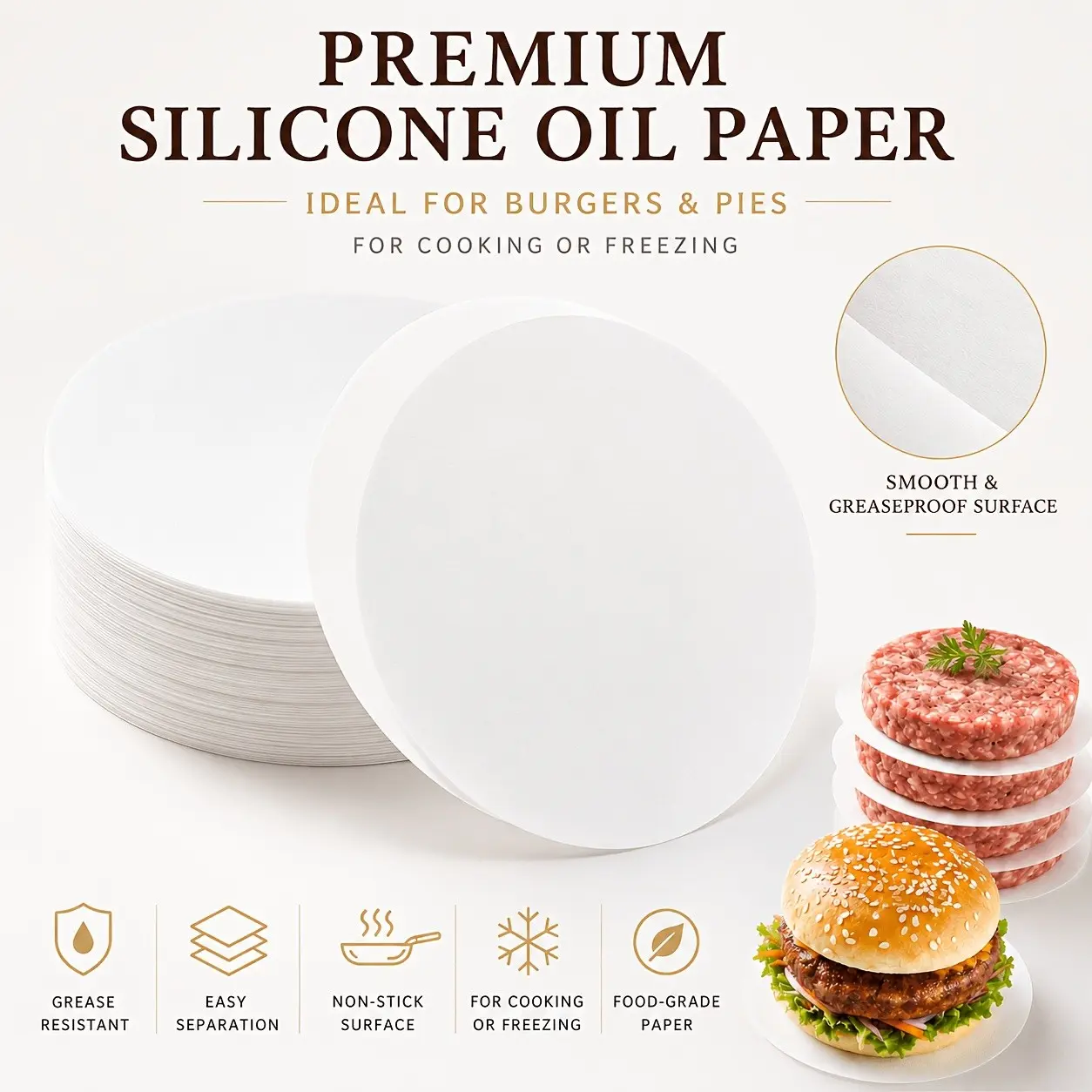 200 sheets of high-quality silicone baking paper, 3.94/4.52-inch round baking paper, burger patty liners—non-stick, pre-cut sheets suitable for cake baking, air fryers, burger making, and pancake pressing. Silicone baking paper