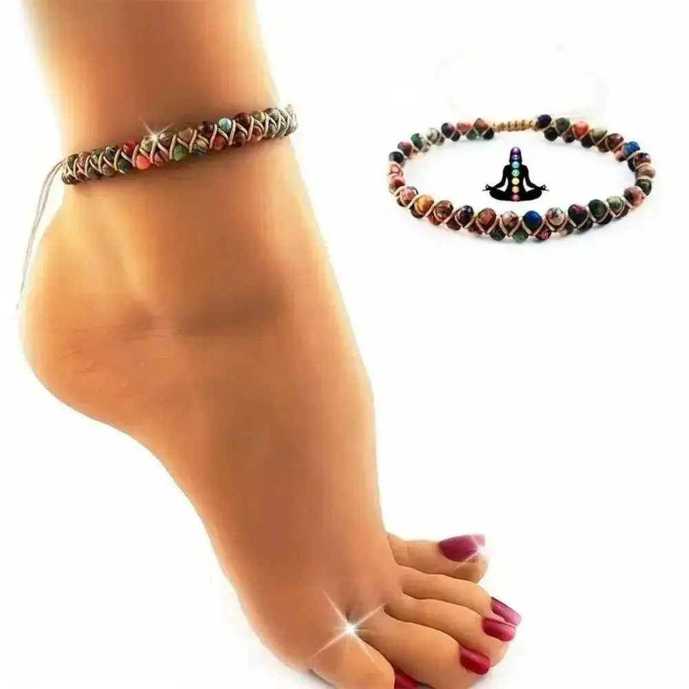 Vibrant Natural Stone Beaded Adjustable Anklet, Hand‑Braided Artisan Handmade Ankle Jewelry