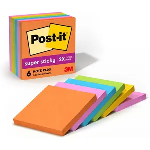 Post-it Super Sticky Notes, 3x3 in, 6 Pads, 2X The Sticking Power, Energy Boost Collection, Bright Colors (Orange, Pink, Blue, Green),Recyclable (654-6SSAU)