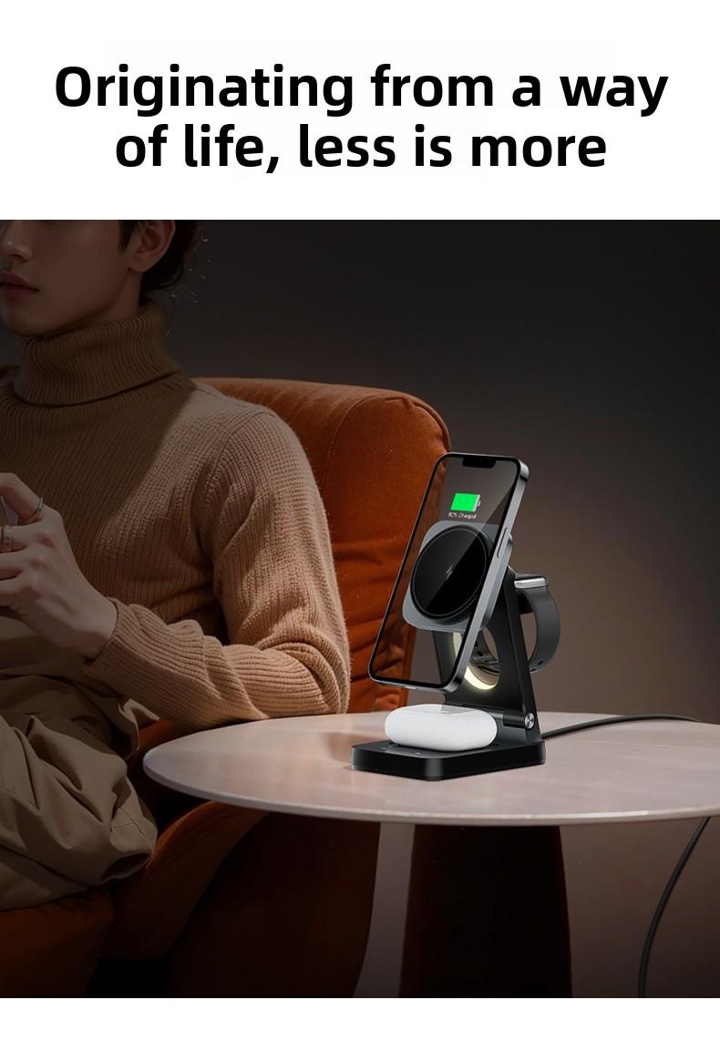 New foldable magnetic three-in-one wireless fast charger suitable for Apple phone stand wireless charging
