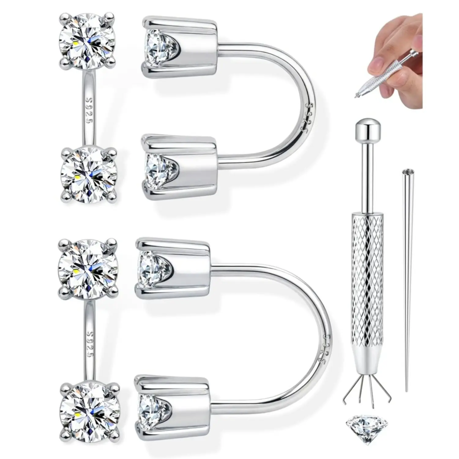 FIASASO S925 Sterling Silver Post Double Half Huggie Earrings for Women, 14K Plated Gold Backless U Shaped Horseshoe Hoops, Heart Ball CZ Screwback Studs Piercing Jewelry for Helix Cartilage Stack