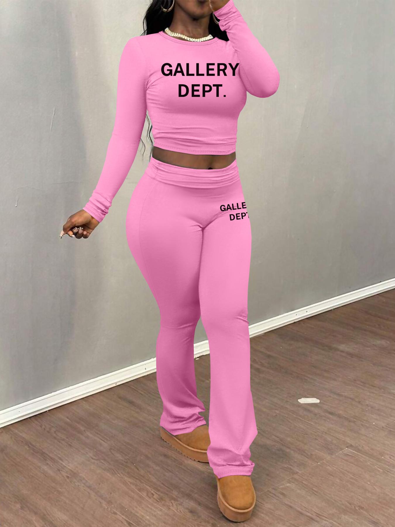 Women's Letter Print Fitted Crop Tee & Plain Flare Leg Pants Two-piece Set, Casual Fashion Round Neck Long Sleeve Top & Bell Bottom Trousers for Daily Outdoor Wear, Women's Clothing for Fall & Winter