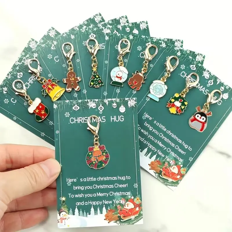 10-Piece Christmas Keychain Set, Santa, Snowman, Gingerbread, Bell, Reindeer Designs, Holiday Gift, Seasonal Accessories, Lightweight Key Ring