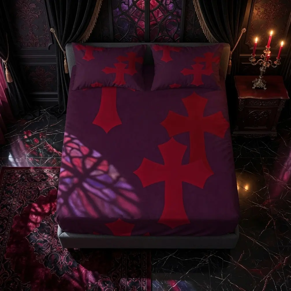 3PCS Dark Y2K Gothic Burgundy Red Cross Fitted Sheet Set, Single Side Digital Printed Full Wrap Mattress Fitted Cover, No Pillow Insert, Ideal Home Decor & Holiday Gift for Gothic Teen Girls Bedroom, Theme Bedding Set, Polyester Bedding Set