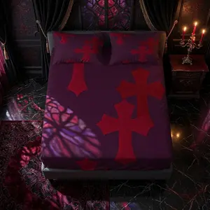3PCS Dark Y2K Gothic Burgundy Red Cross Fitted Sheet Set, Single Side Digital Printed Full Wrap Mattress Fitted Cover, No Pillow Insert, Ideal Home Decor & Holiday Gift for Gothic Teen Girls Bedroom
