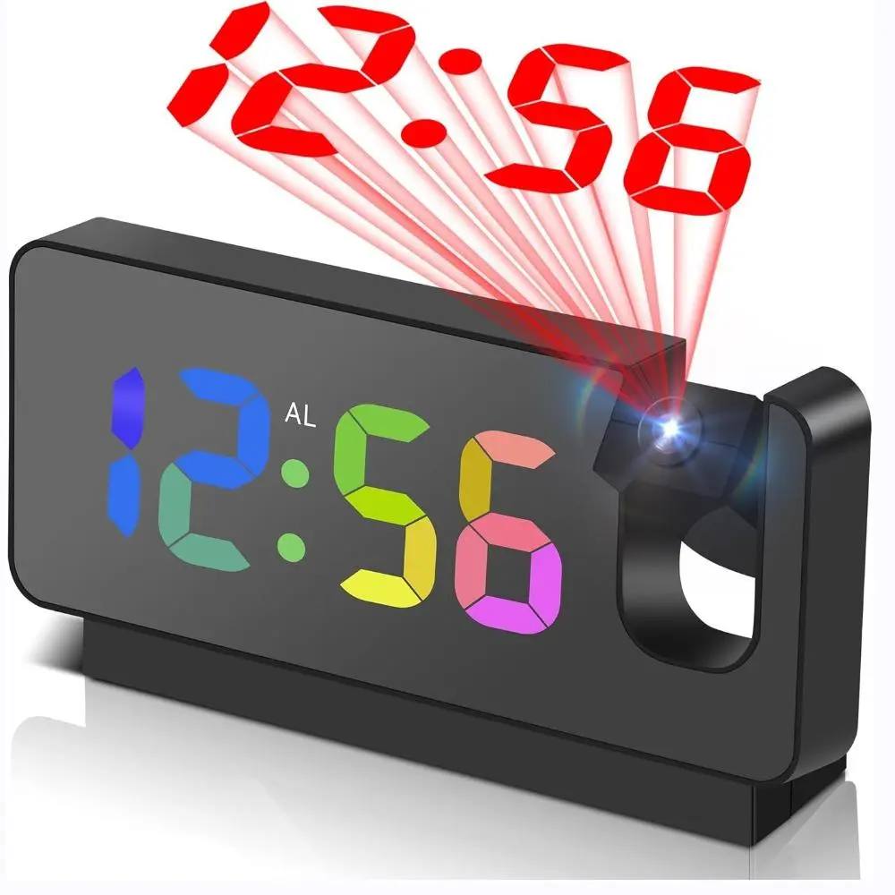 LED Mirror Projection Alarm Clock, Large Digital Display with Time, Date & Indoor Temperature, 3 Independent Alarm Settings, 3‑Level Dimmable Brightness, Multifunctional Electronic Desk Clock for Bedroom Living Room, Perfect Gift for Family