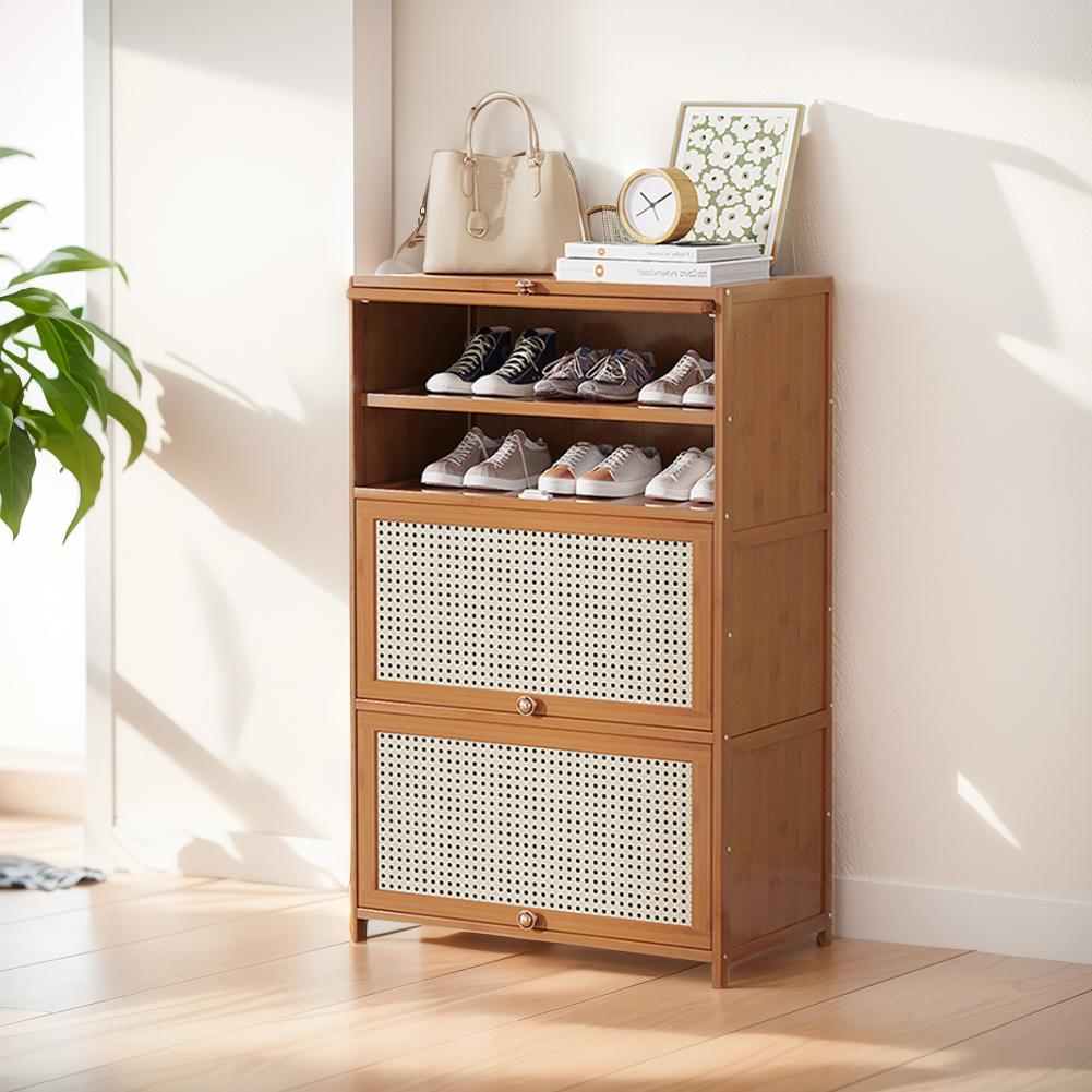 Tipping Bucket Shoe Rack Organizer with 2 Flip Drawers & Door Entryway Narrow Shoe Storage Cubby 7-Tier Bamboo Free Standing Shoe Storage Shelf for Closet Hallway Entryway