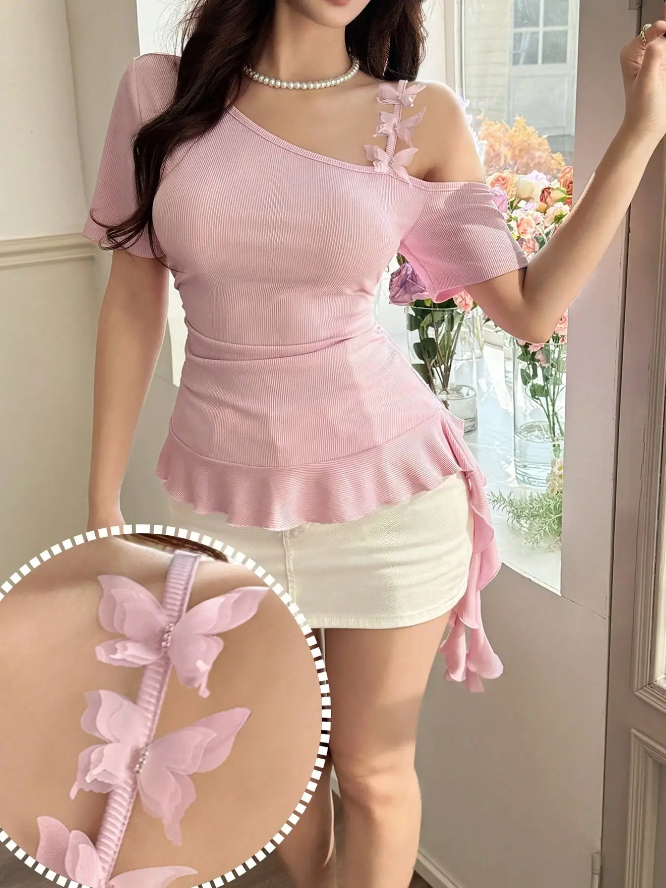 Women's Short T-Shirt with 3D Bowknot Decoration, Asymmetric Neckline, Ruched Waist, Elegant Design, Pure Color, Casual Wear