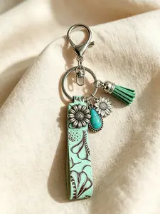 Vintage Western Embossed Cowhide Key Fob, Turquoise Sunflower Silver Tassel Bag Pendant, Boho Western Purse Charm, Ideal Birthday & Holiday Gift for Cowgirl & Western Style Lovers