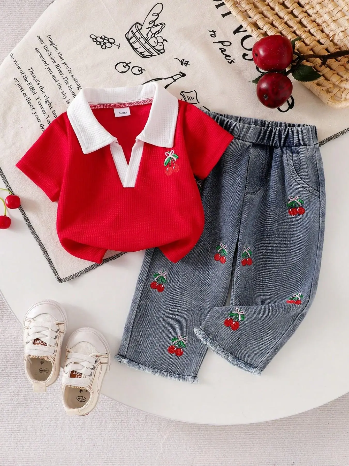 Girls' Fashion 2-Piece Set, Cherry Embroidery Patchwork Round Neck Short Sleeve Polo Shirt and Jeans Pants, Stylish Kids Summer Outfits Set