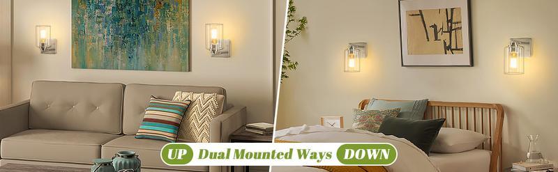 2Pcs Wall Sconces, Modern Wall Mount Vanity Light Fixtures, Farmhouse Wall Lamps with Clear Glass Shade for Bedroom Living Room Mirror Hallway Porch