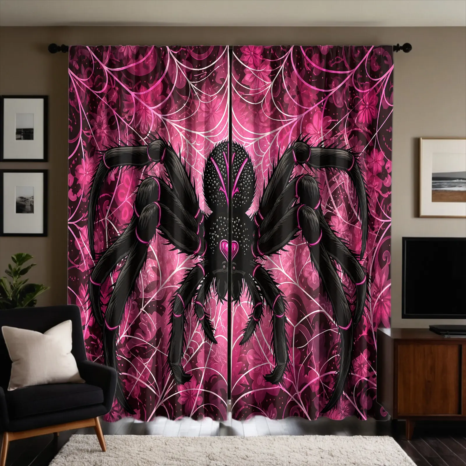 Pink Black Digital Print Shower Curtain, Cool Gothic Spider Web Design Bath Shower Screen, an Ideal Choice for Bathroom Décor, Space Partitioning, and Enhancing the Room's Aesthetic (Includes Hooks).
