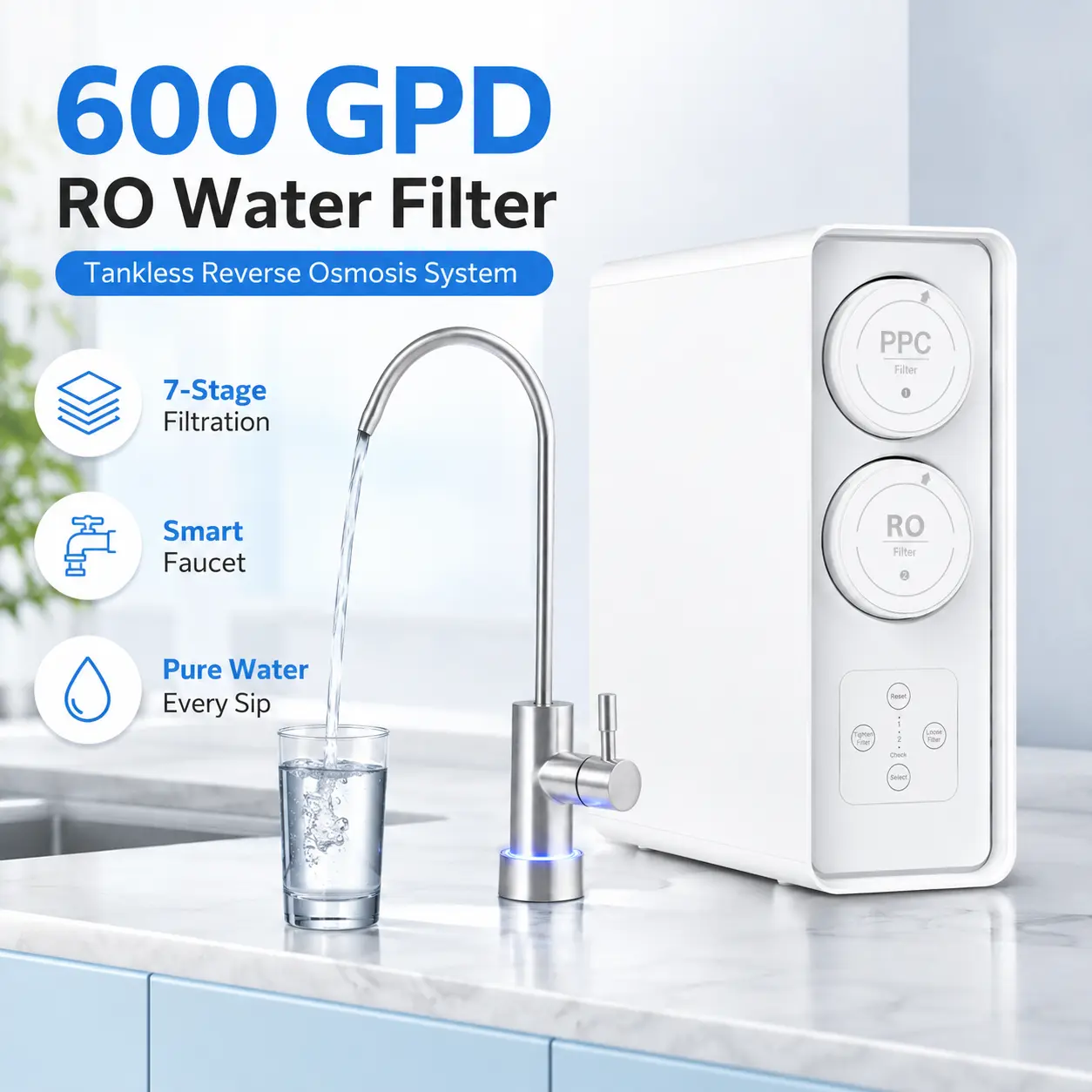 600 GPD Tankless Reverse Osmosis Water Filter System, 5-Stage Filtration, Smart Faucet with Real-Time TDS Display, Water-Saving 2:1/4:1 Ratio, NSF/FC/SGS Certified, Under-Sink & Countertop Use