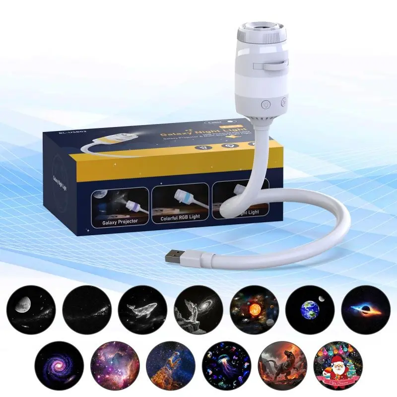2 in 1 USB Galaxy Projector Night Light, 12 Replaceable Slides Starry Sky Nebula Projection Lamp, 10 RGB Color Soft Bedside Ambient Light, Flexible Gooseneck Star Moon Planet Projector, Led Decoration Lamp for Bedroom Decor Gift