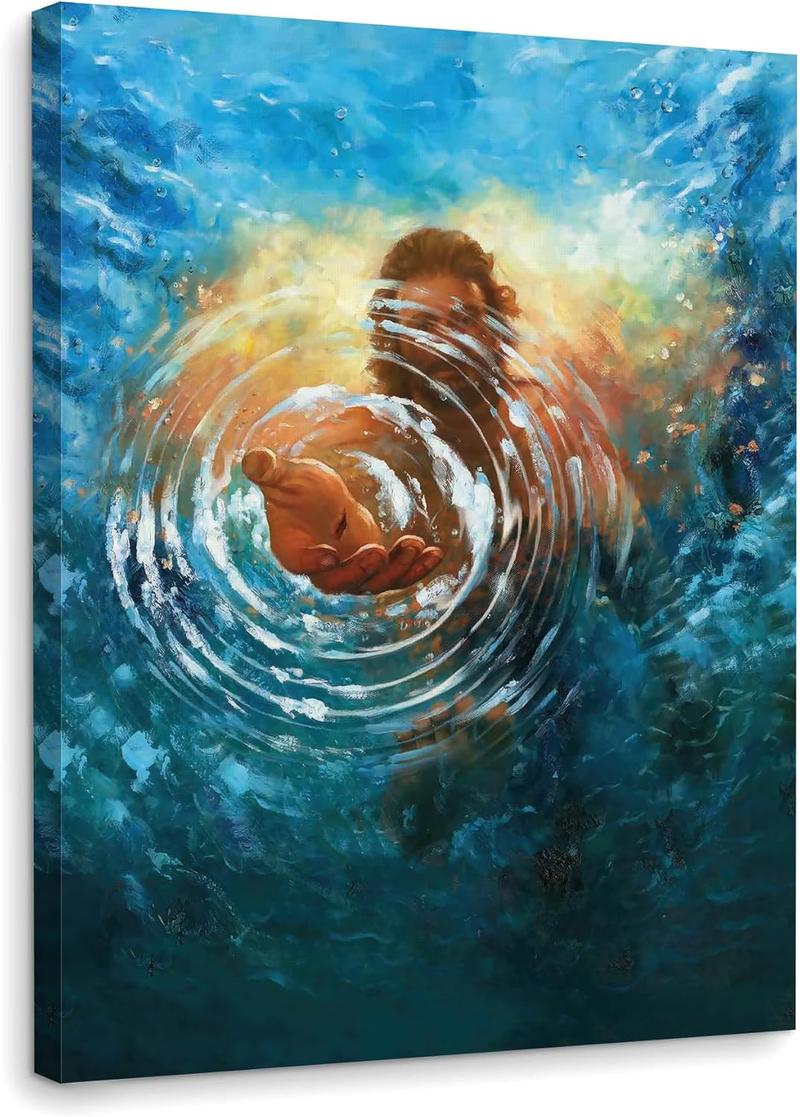 1 Count Framed Jesus Christ Canvas Wall Art The Hand of God Jesus Reaching Into Water Christian Painting Prints Biblical Wall Decor Religious Room Decor for Church Prayer Room Schools Hospitals 16x24inch