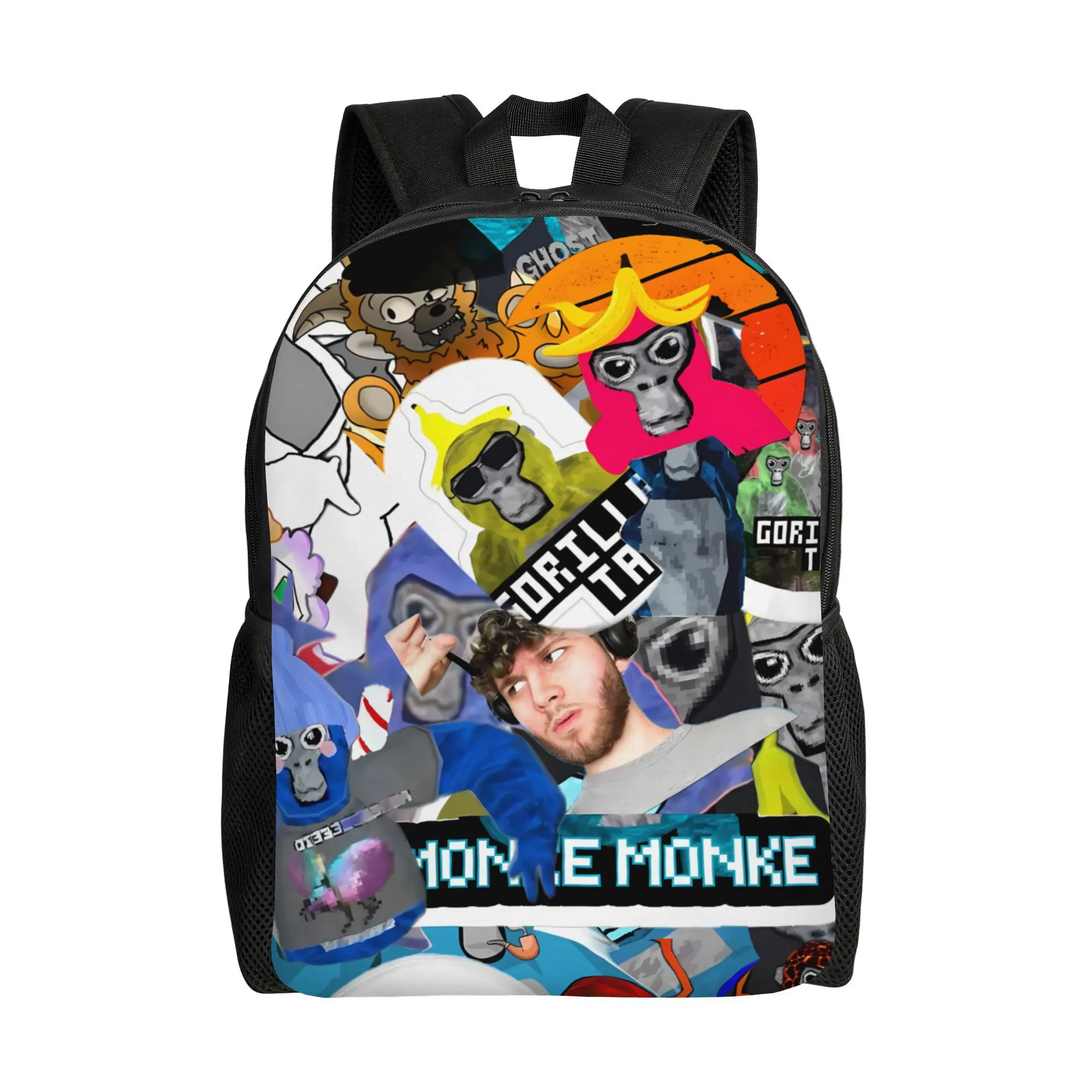 Gorilla Tag Anthropomorphic Character Backpack, VR Game Monke Meme Collage Sticker Bomb Graphic Daypack, 600D Oxford Lightweight Campus Life Bag with Padded Straps, 15-in Laptop Fit, Side Mesh Pockets, Washable for VR Gamers, Anthropomorphic Character Bac