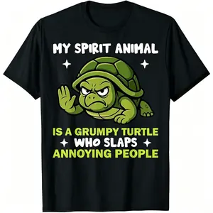 Menswear Short-Sleeve Cotton T-Shirt - Grumpy Turtle Graphic, Sassy Annoying-Person-Slapping Design, Simple Smooth Soft Introvert Meme Casual Top, Humorous Gift For Adults