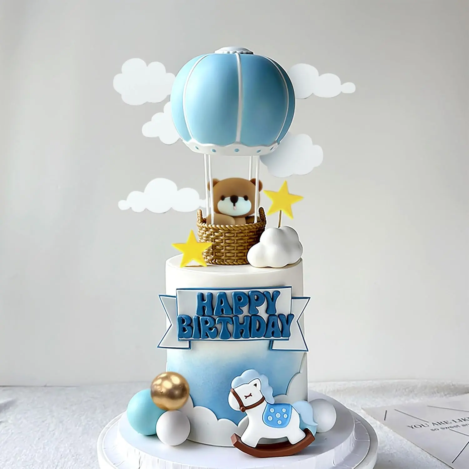Blue Bear Cake Decoration Blue Gold Balls Cake Topper Hot Air Balloons Cake Topper Baby Shower Birthday Cake Decoration