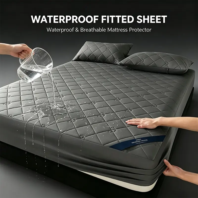 Spill Proof Quilted Mattress Fitted Sheet Kit Containing 1 Sheet & 2 Pillow Shams (Pillow Inserts Not Included), All-Around Elastic Secure Fit Fabric Guards Mattress Against Sweat Drinks Stains, Fitted Sheet Set