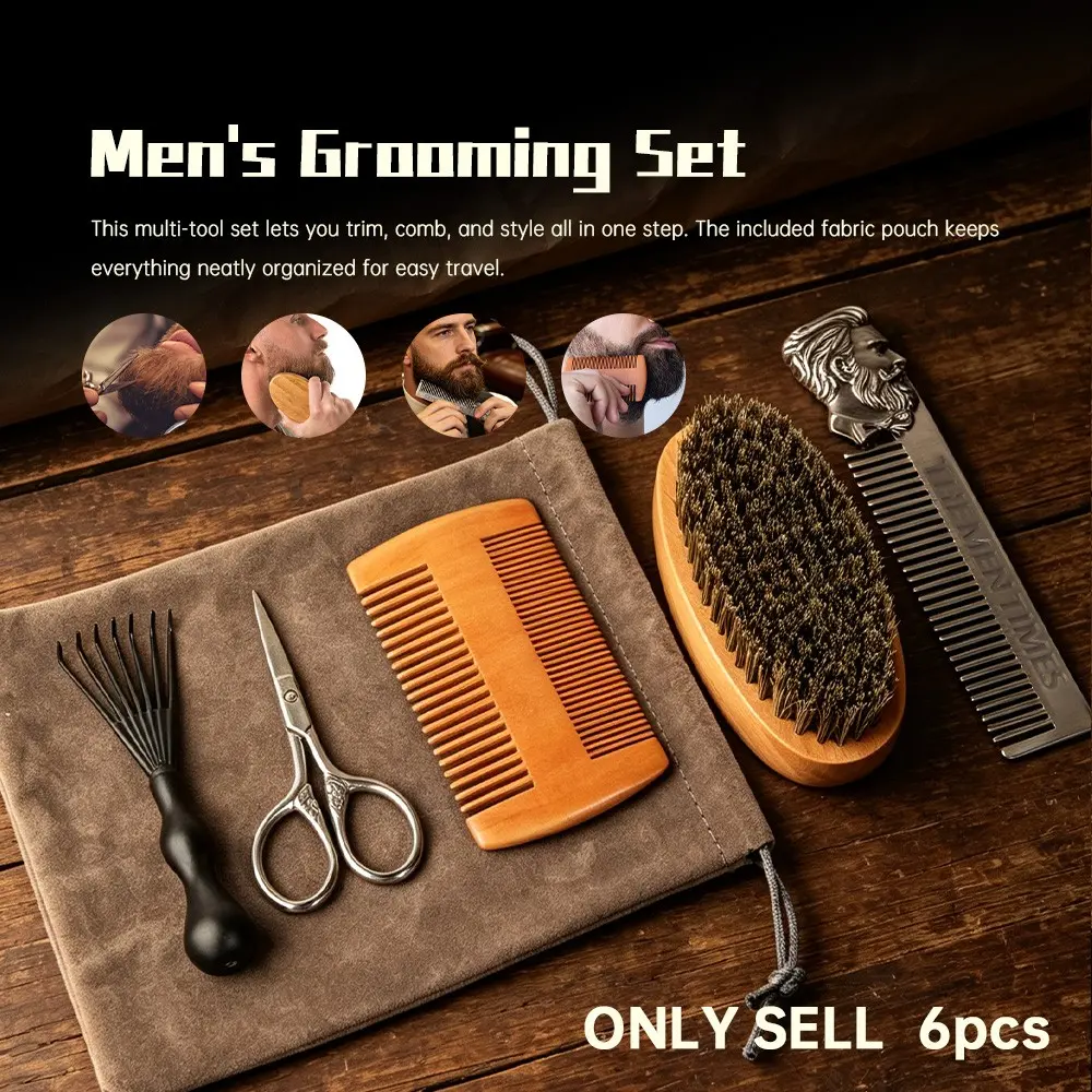 6pcs Vintage Men's Beard Care Kit, Boar Bristle Brush, Wood Comb, Metal Haircut Comb, Retro Beard Trimmer, Velvet Storage Bag, Portable Gift Set