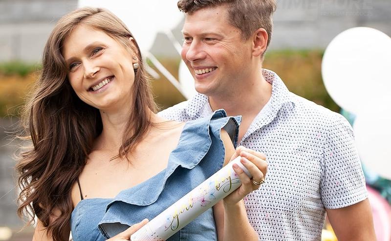 Gender Reveal Confetti Cannon - Biodegradable Powder & Butterfly Shaped Confetti Poppers - Pink 4 Pack - Baby Girl Gender Reveal Smoke Bomb Party Poppers