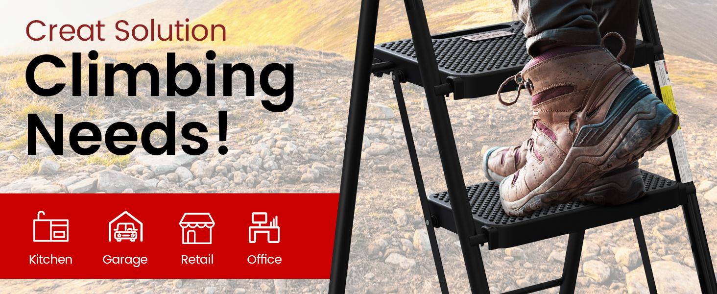 Step Ladder, Folding Step Stool with Wide Anti-Slip Pedal, Sturdy Steel Ladder, Convenient Handrail, Lightweight, Portable Steel Step Stool