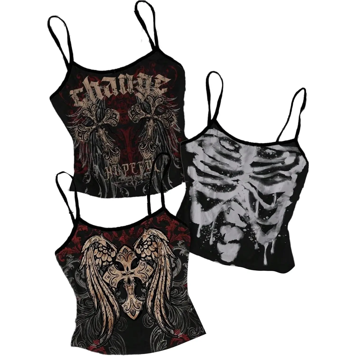 Women's Goth Top 3 Packs Crop Camisole Y2k Graphic Fitted Spaghetti Strap Tank Shirts