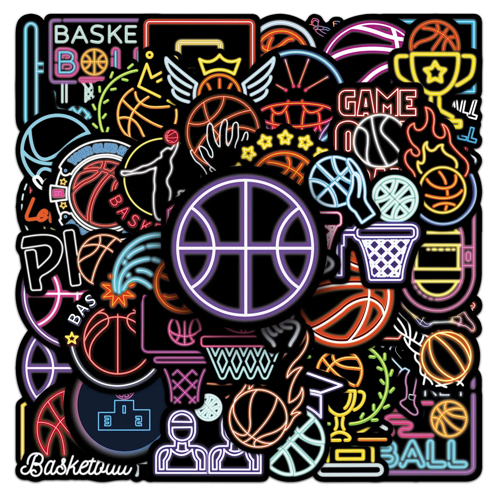 Basketball Stickers for Laptops and Phones, 50 Lightweight Sports Ball Decals, Neon Decorative Stickers for Water Bottles, Skateboards, Guitars, Bedrooms