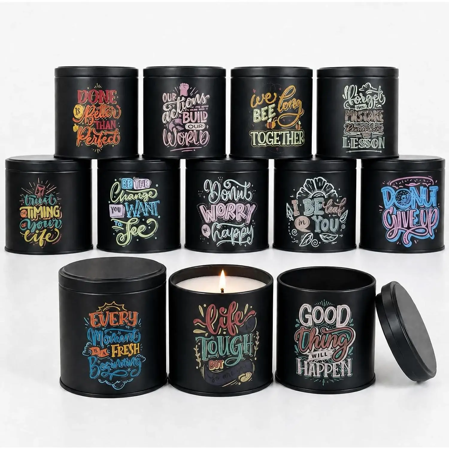 12 Pack 10oz Empty Candle Jars with Lids and Inspirational Quotes, Black Tin Airtight Containers, Motivational Candle Making Supplies for DIY Gift and Small Business
