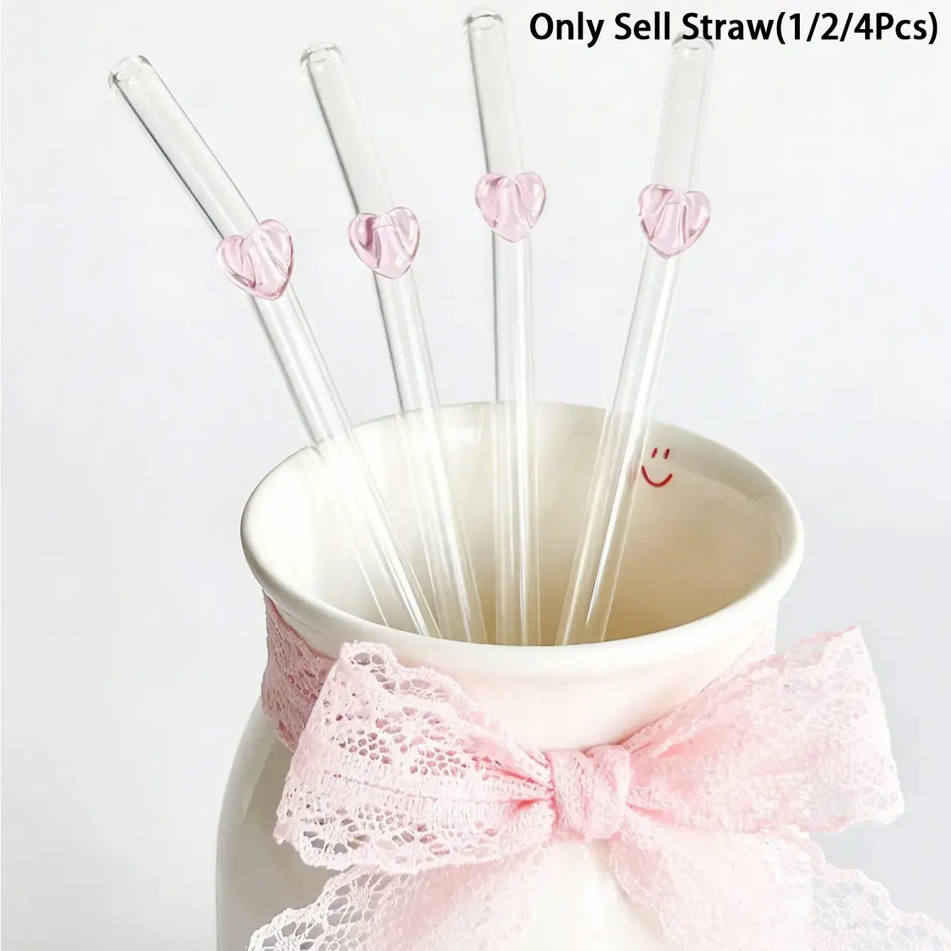 Cute Heart Glass Straw Set, Reusable Bent Thick Glass Straws, Kitchen Accessories, Cold Drinks, Coffee, Juice, Party Supplies, Drinking Straws