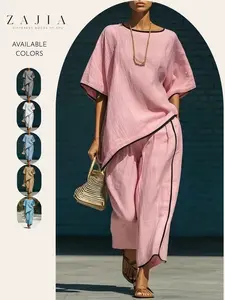 Women’s Cotton Linen 2 Piece Set, Casual Loose Fit Asymmetrical Tunic Top, Wide Leg Cropped Pants, Summer Vacation Beach Wear