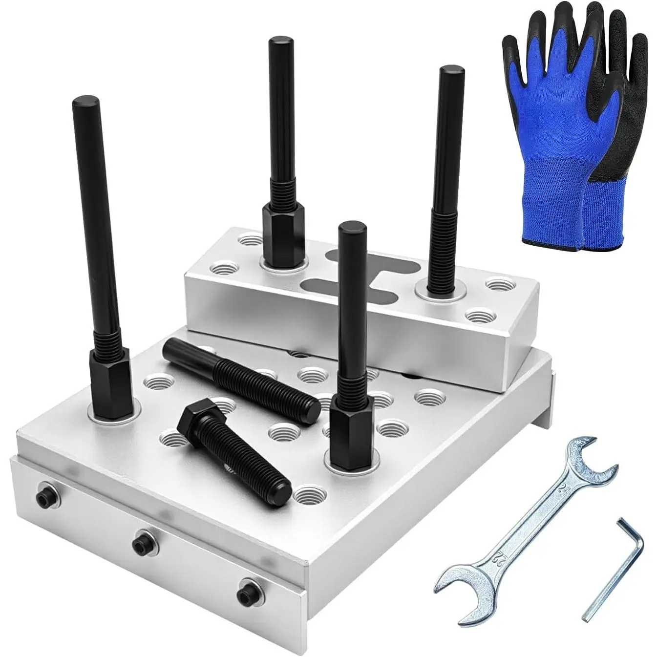 Drill Press Support Block Plate Tool Set Kit, 30 Ton Hydraulic Shop Press Plates – Bearing and Bushing Repair Removal Installation, Includes Open-End Wrench, Hex Wrench, and Gloves.