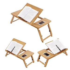 Natural Bamboo Foldable Computer Desk - Space-Saving Portable Lap Tray with 19.69"x11.81" Adjustable Height, Tilting Top, Durable Flat Surface to Reduce Neck and Back Pain (Home Office, Bed Use)